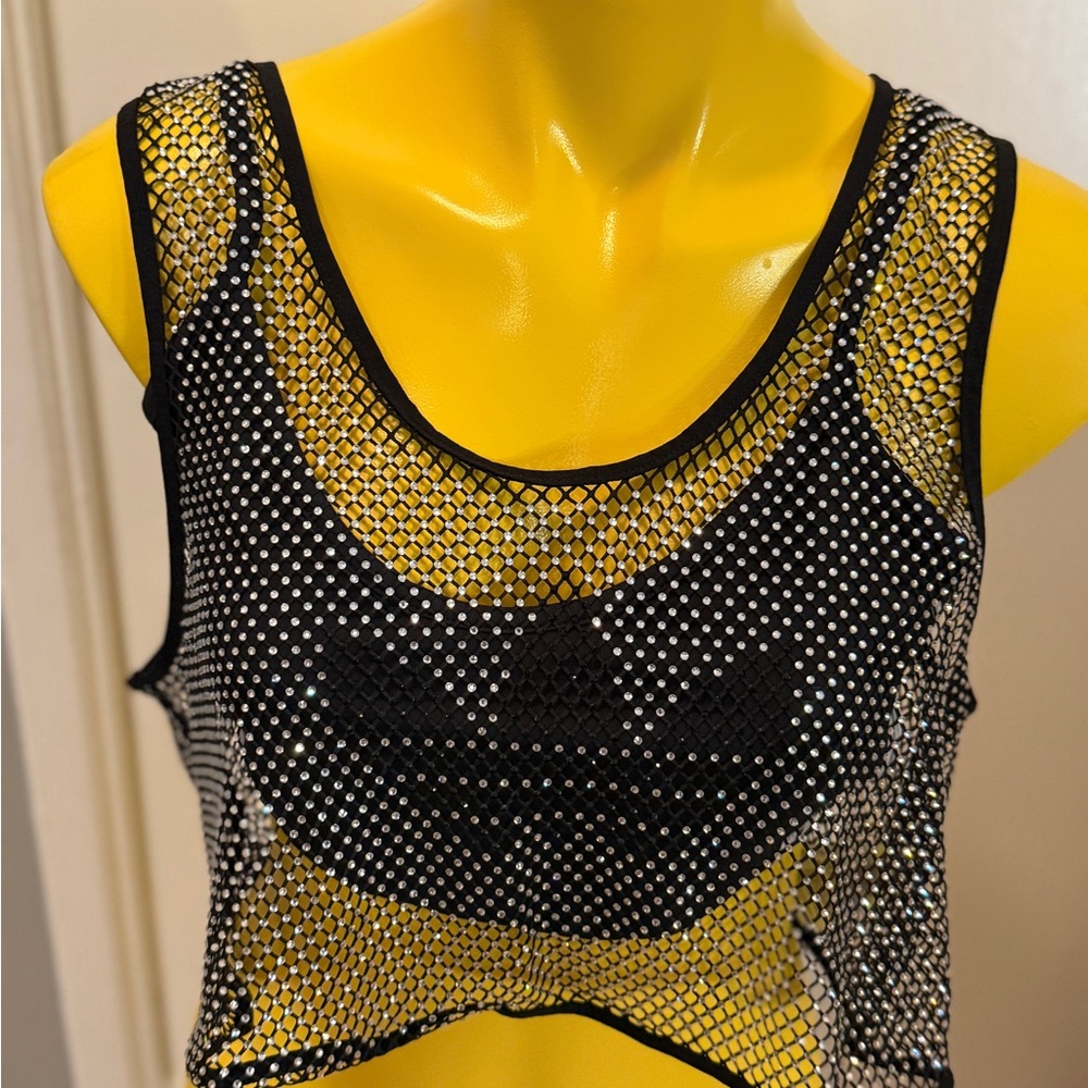 adidas rhinestone Mesh Crop Top w black detachable bralette